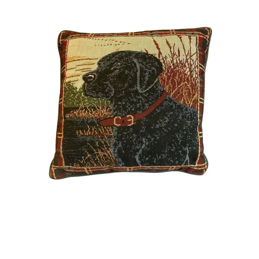 Vintage needlepoint, black Labrador retriever plaid print pillow 12 x 12